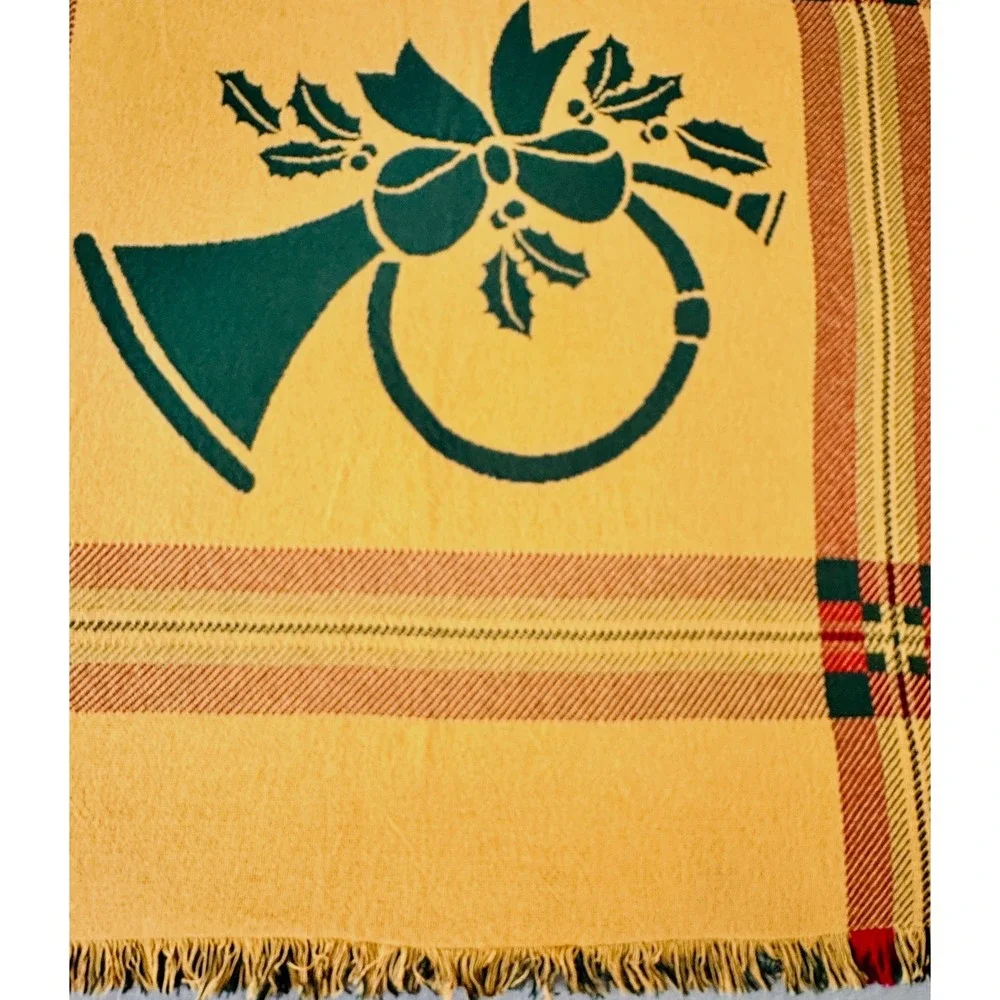 VTG Christmas Throw Blanket Green Gold Horn Holiday Traditional Cabin Grandma